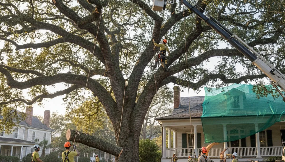 Professional arborists performing safe tree removal with crane in Charleston, SC residential area