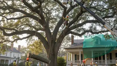 Professional arborists performing safe tree removal with crane in Charleston, SC residential area