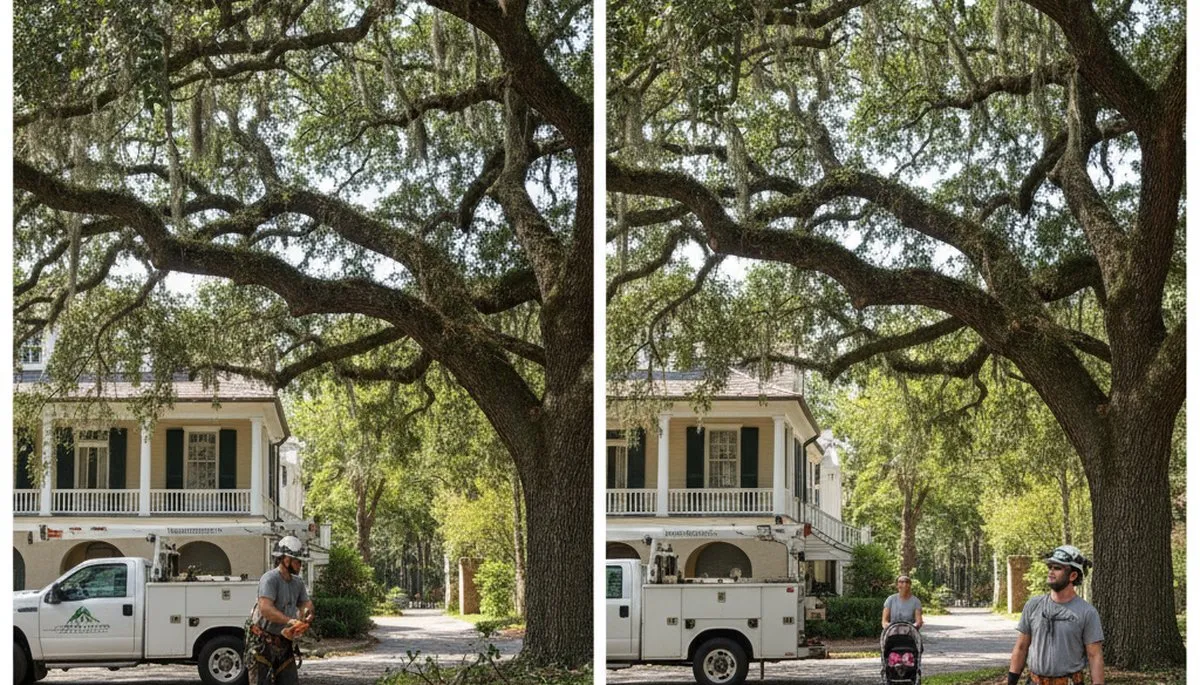 Arborist performing canopy lift tree trimming for safer clearance in Charleston, SC driveway