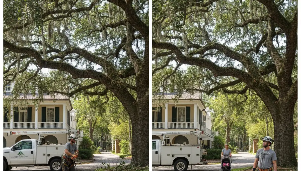 Arborist performing canopy lift tree trimming for safer clearance in Charleston, SC driveway