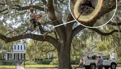 Arborist removing deadwood from mature tree in Charleston SC using safe tree trimming techniques