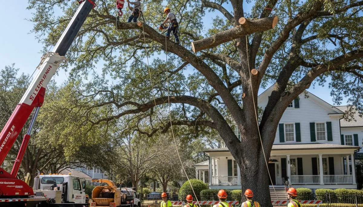 Professional arborists performing large tree removal with bucket truck in Charleston Afb, SC