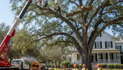 Professional arborists performing large tree removal with bucket truck in Charleston Afb, SC