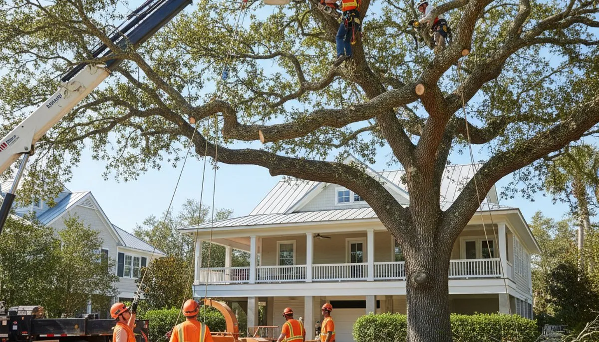 Arborists performing large tree removal with bucket truck in Sullivans Island, Charleston SC neighborhood
