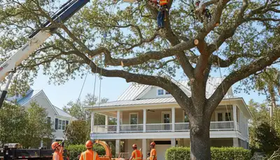 Arborists performing large tree removal with bucket truck in Sullivans Island, Charleston SC neighborhood
