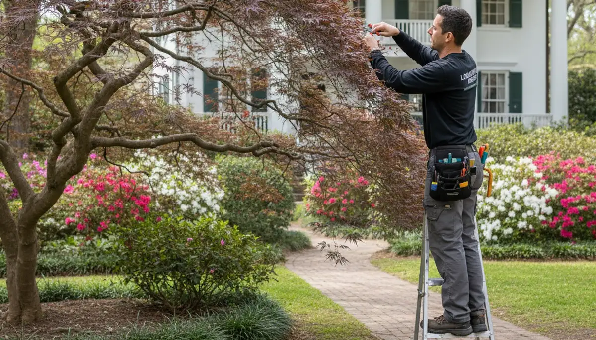 Arborist hand pruning ornamental Japanese maple for aesthetic tree care in Charleston SC yard