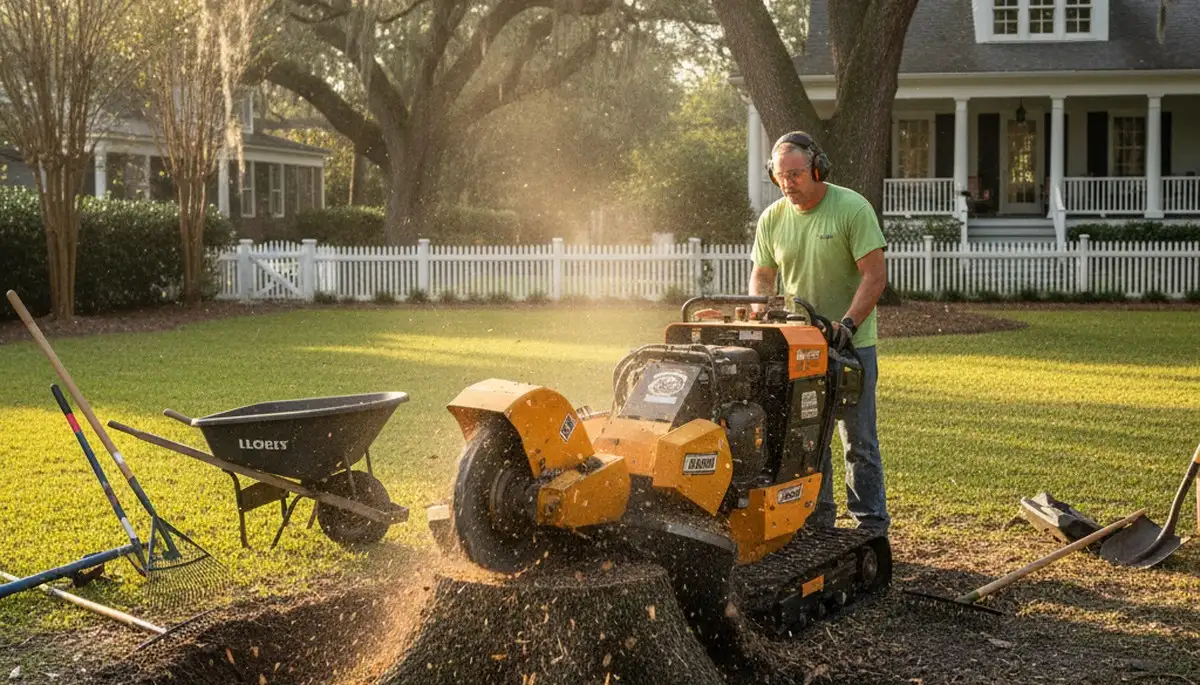Stump grinding and tree removal completed for Charleston SC yard restoration by professional crew