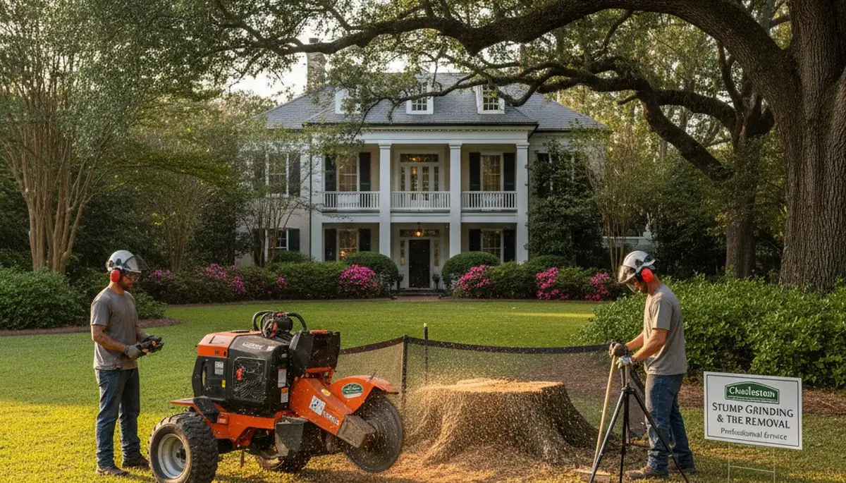 Professional stump grinding after tree removal in Charleston SC with specialized equipment