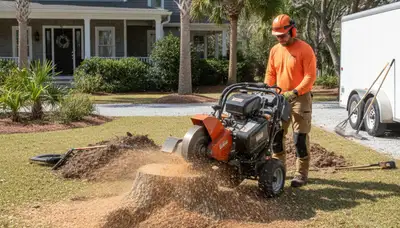 Professional stump grinding removing tree stumps in Sullivans Island, Charleston SC yard