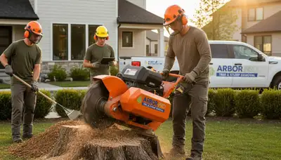 Technician grinding tree stump in Charleston SC yard for professional stump removal service