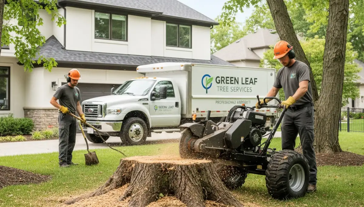 Arborist performing stump removal with grinder on residential lawn in Charleston, SC