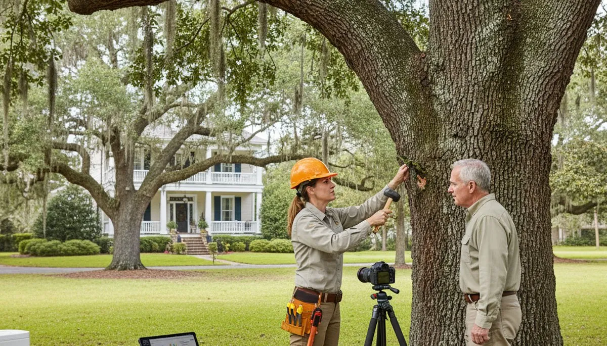 Certified arborist performing tree health assessment in Charleston Afb, SC for tree safety and removal services