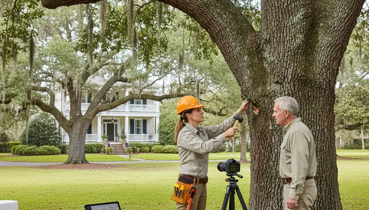 Certified arborist performing tree health assessment in Charleston Afb, SC for tree safety and removal services