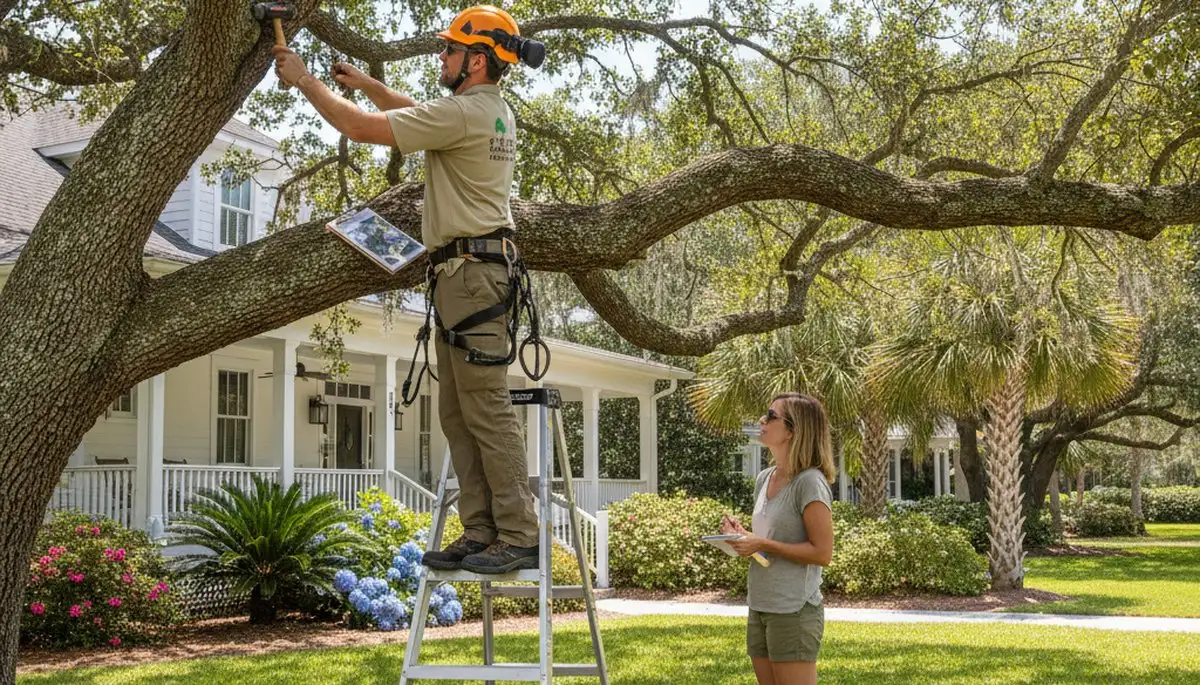Certified arborist performing tree health assessment in Sullivans Island, Charleston SC