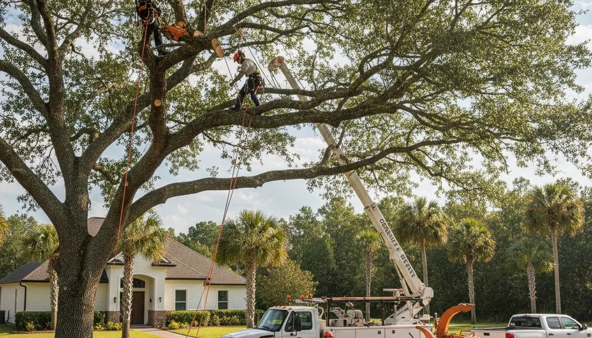 Professional tree removal service crew working in Charleston SC neighborhood yard