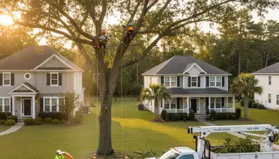 Professional tree removal service in Charleston SC safely cutting large oak tree
