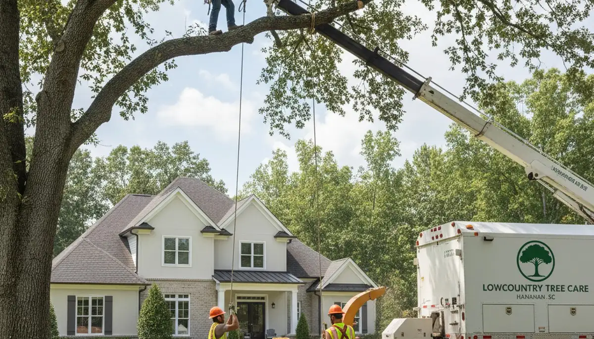 Professional tree removal service in Charleston SC safely cutting and hauling large oak tree