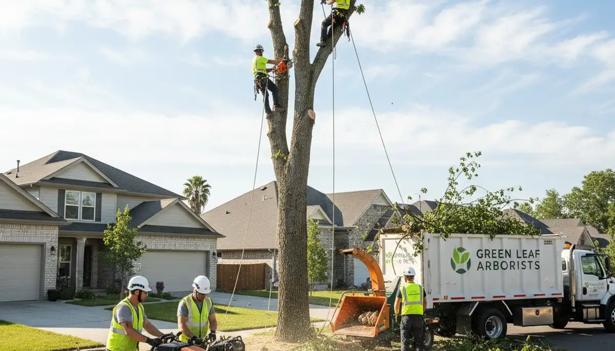 Professional tree removal service team in Charleston SC safely cutting large oak tree
