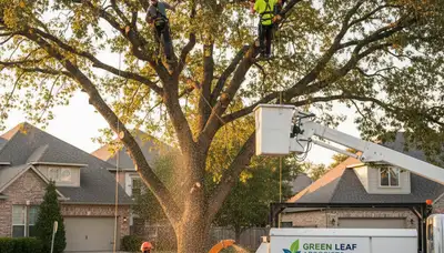 Professional arborists trimming oak tree in Charleston, SC for safe, healthy landscape maintenance