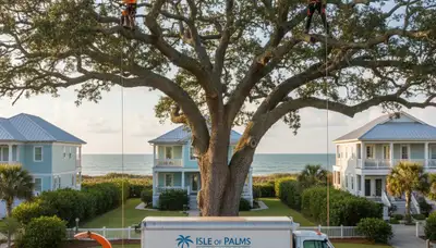 Professional tree removal service in Charleston SC safely cutting large oak tree