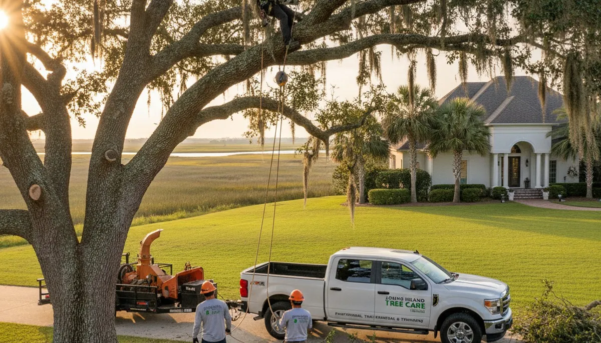 Professional tree removal service crew working in Charleston SC yard
