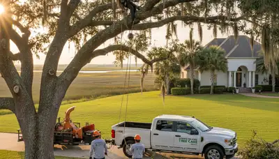 Professional tree removal service crew working in Charleston SC yard