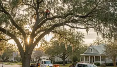 Professional tree removal service in Charleston SC safely clearing large oak trees