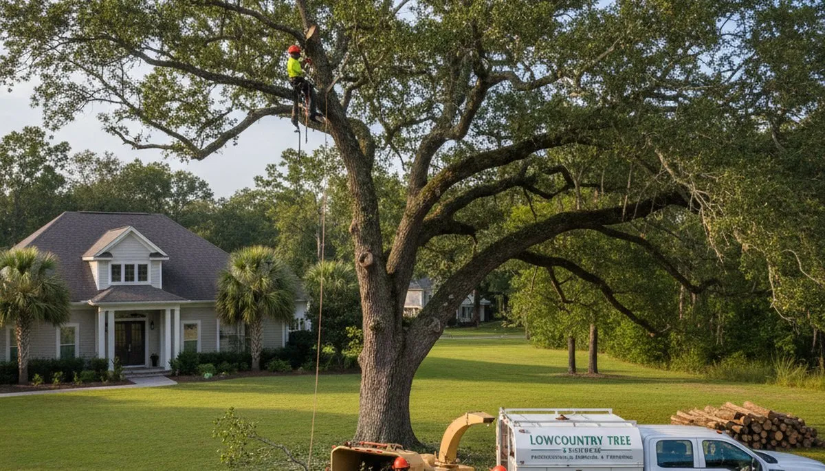 Professional tree removal service in Charleston SC safely cutting and clearing large oak tree