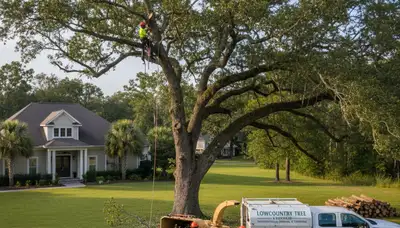 Professional tree removal service in Charleston SC safely cutting and clearing large oak tree