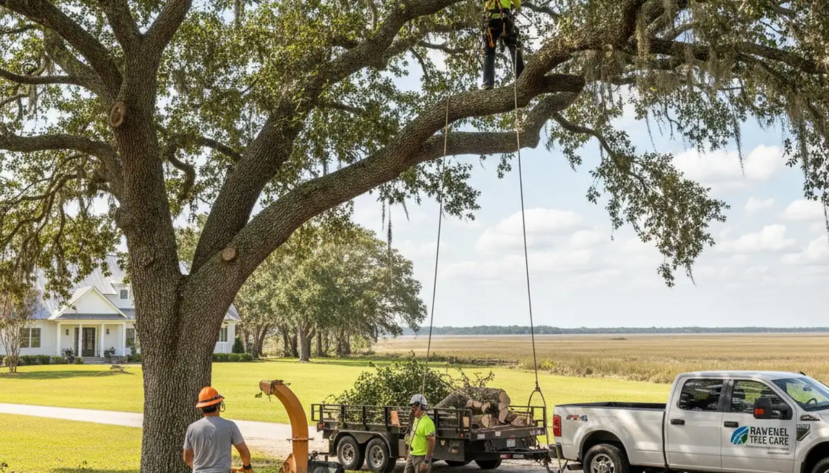 Professional tree removal service crew at work in Charleston SC residential neighborhood