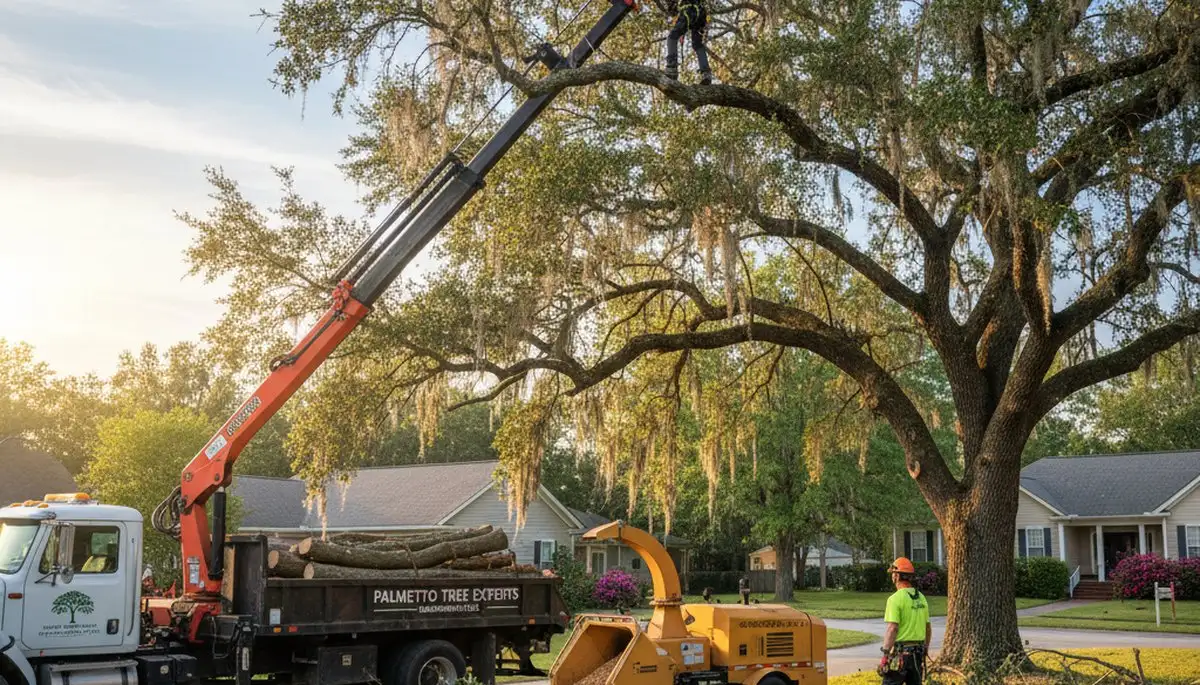Professional tree removal service in Charleston SC safely cutting and clearing large oak tree