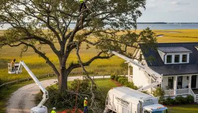 Professional tree removal service in Charleston SC safely clearing large oak trees